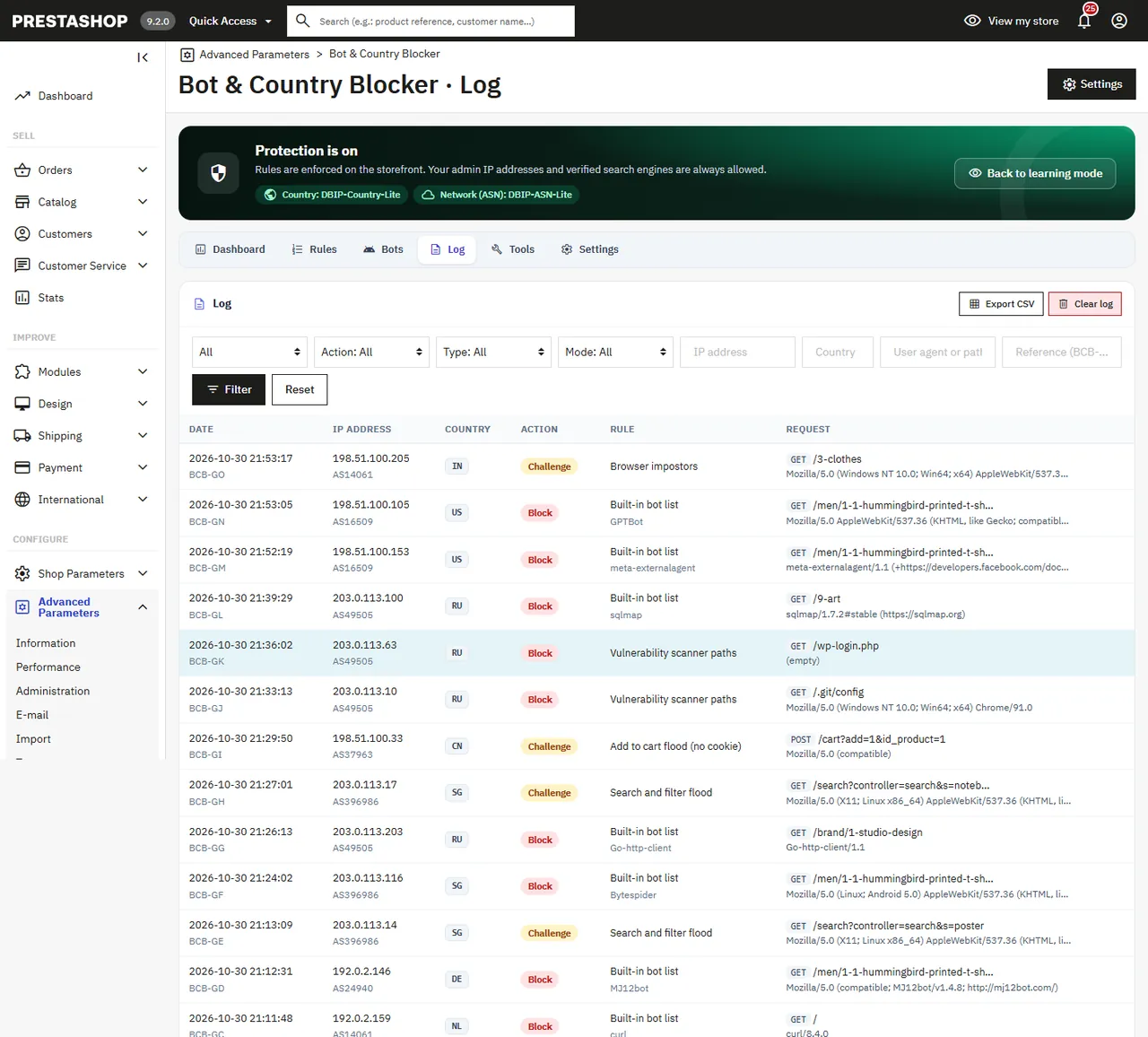 The log with filters and CSV export