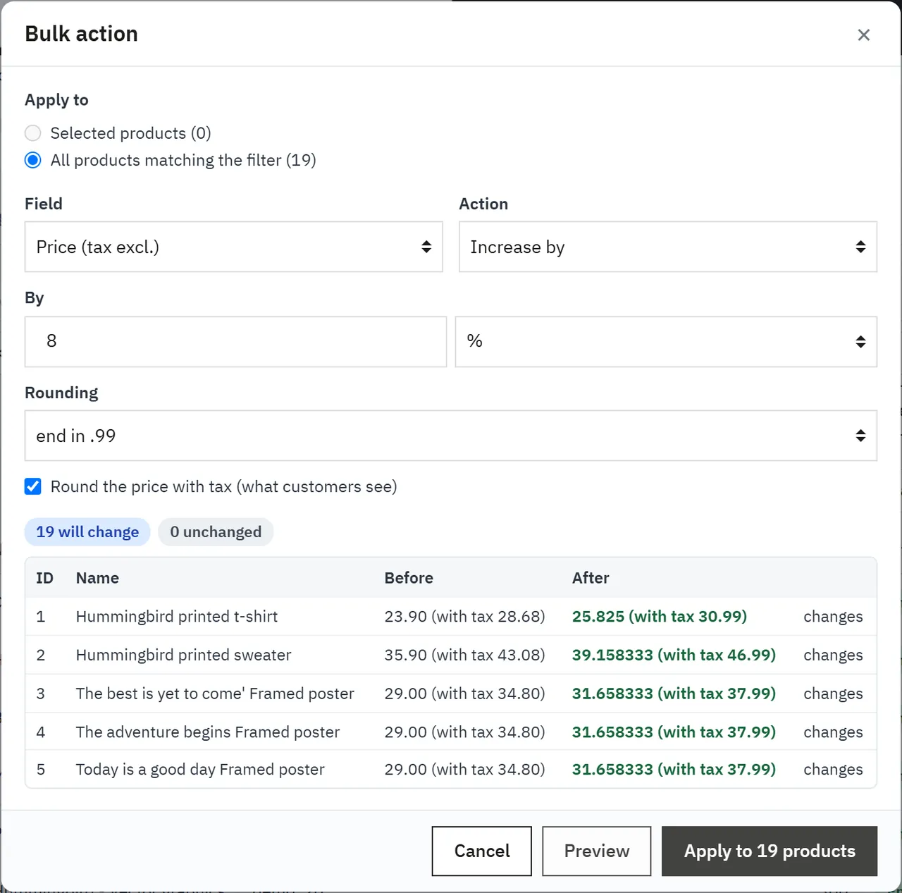 Preview of a bulk action