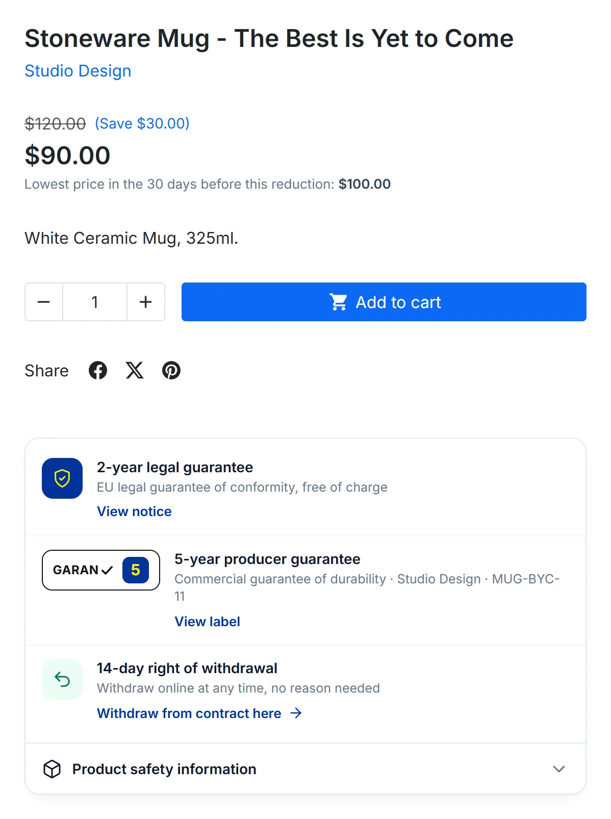 Product page with the lowest price and the legal guarantee, GARAN, withdrawal and product safety panel