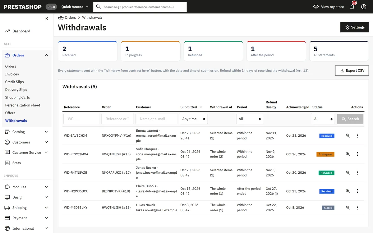 Withdrawals register