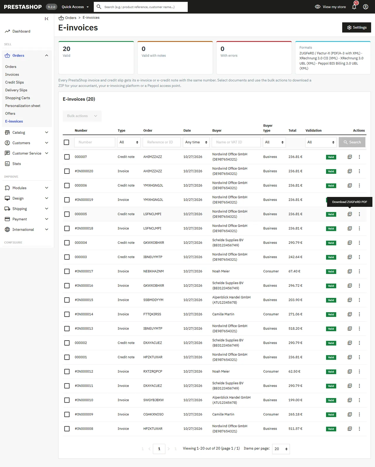 E-invoices list