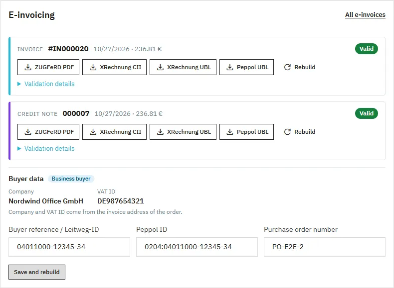E-invoicing card on the order page