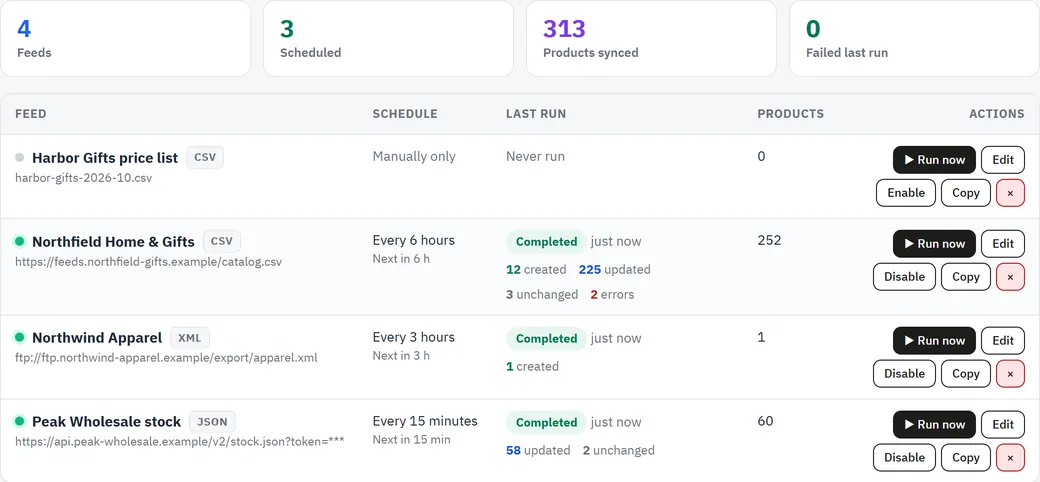 Feed list with schedules, last results and products per feed
