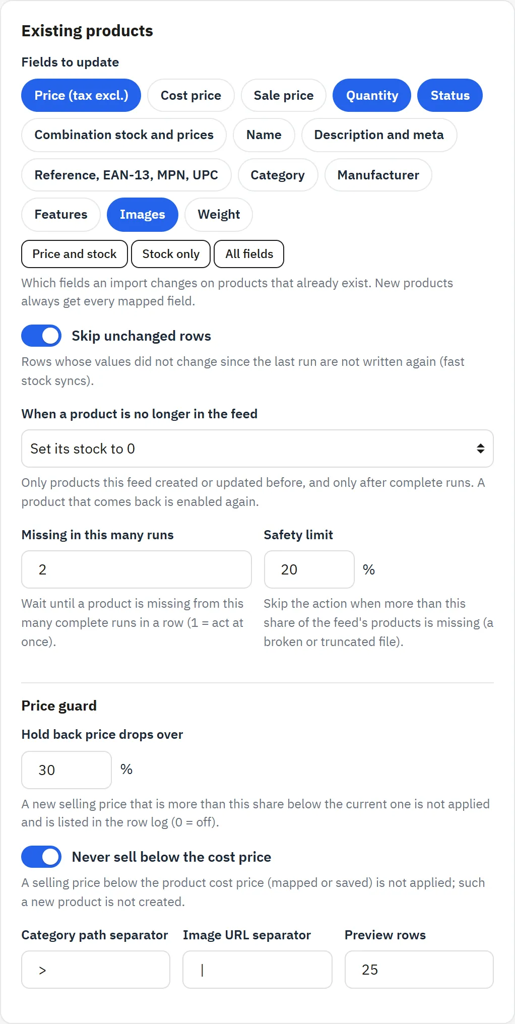 Import options for existing products