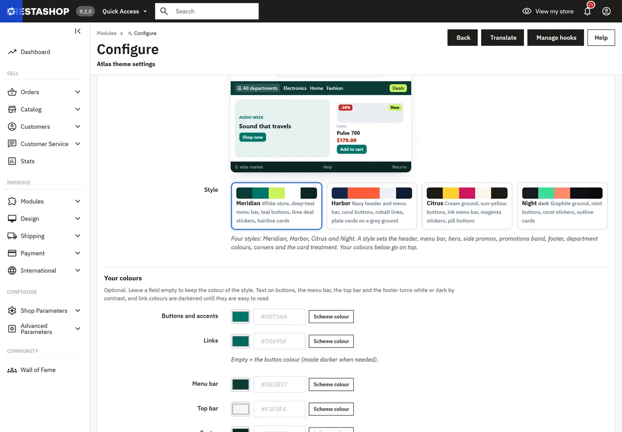 The settings page