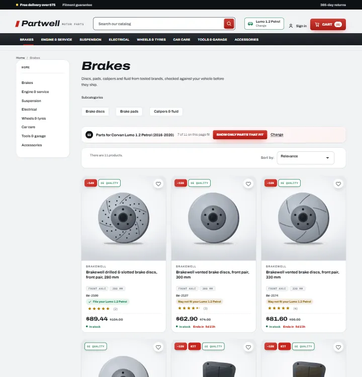 Axle category page with a saved vehicle