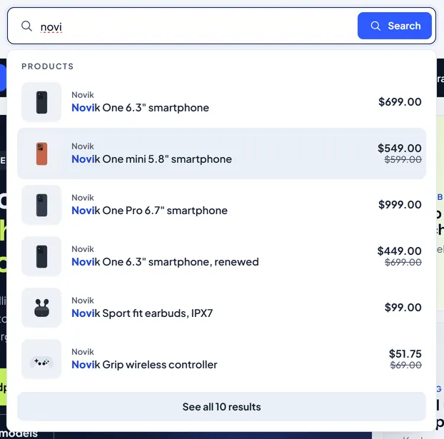 Live search with pictures and prices