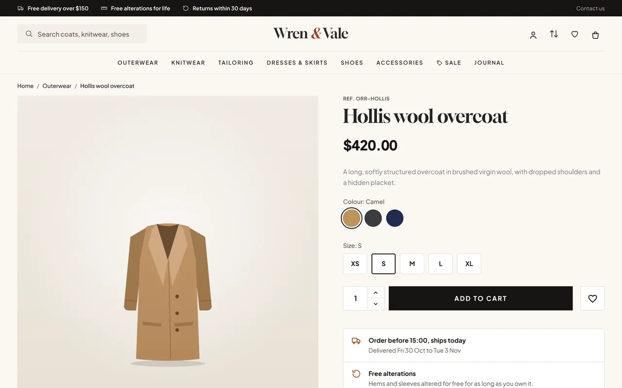 Product page with swatches, size buttons and the delivery panel