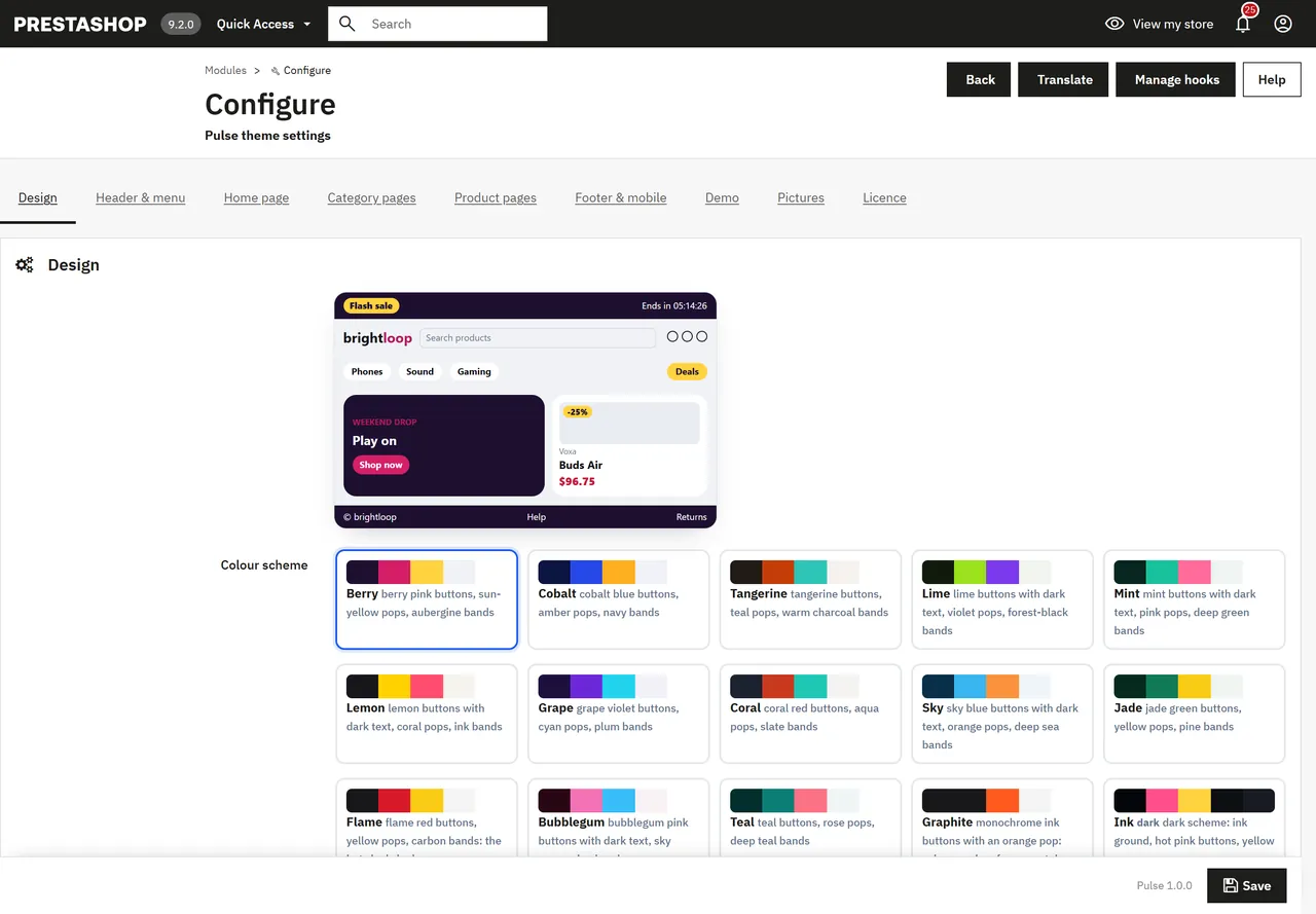 Settings page with the colour schemes