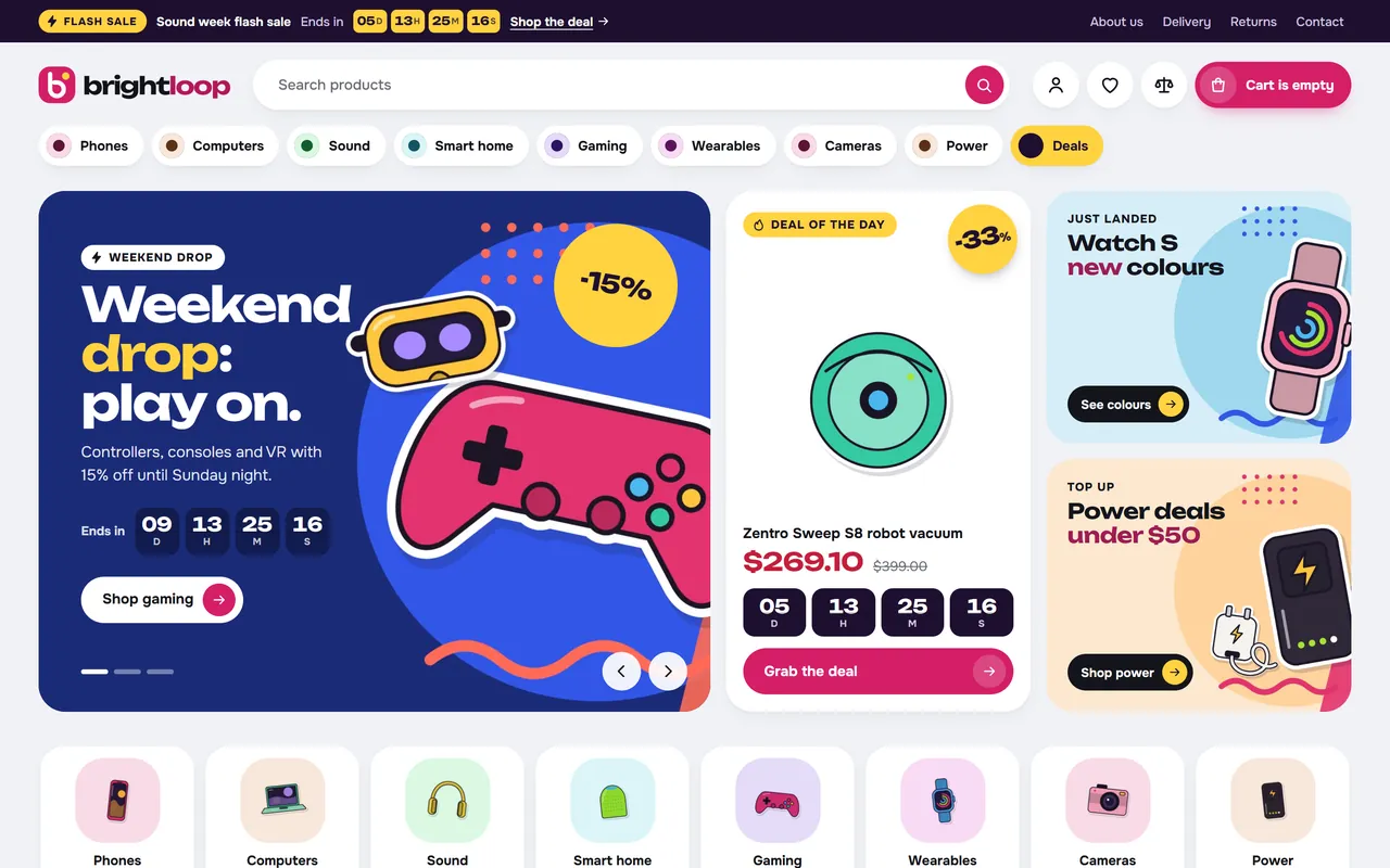 Home page with the flash bar and the bento hero