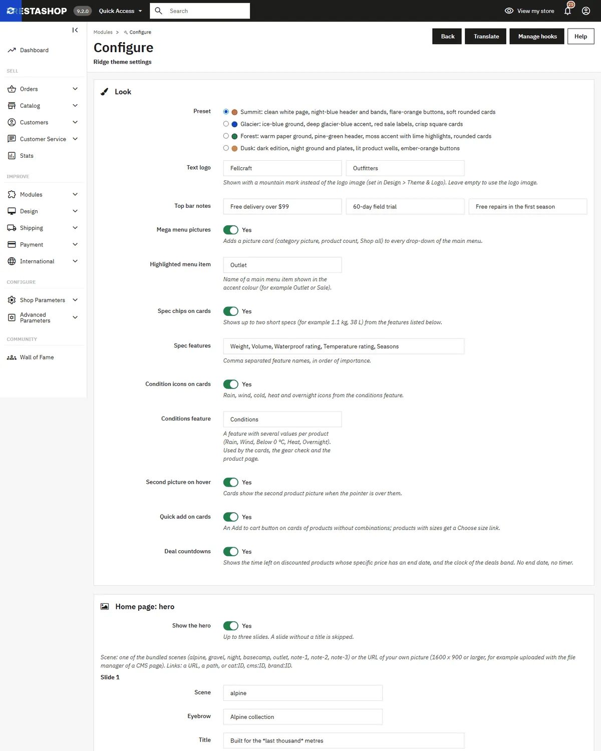 Ridge configuration page