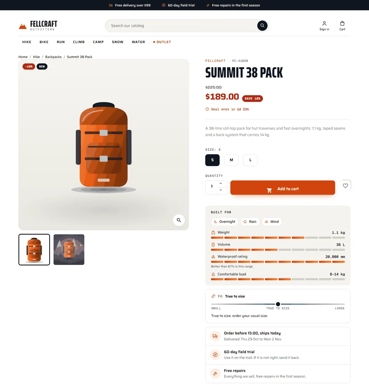 Ridge product page with Built for gauges and the fit scale