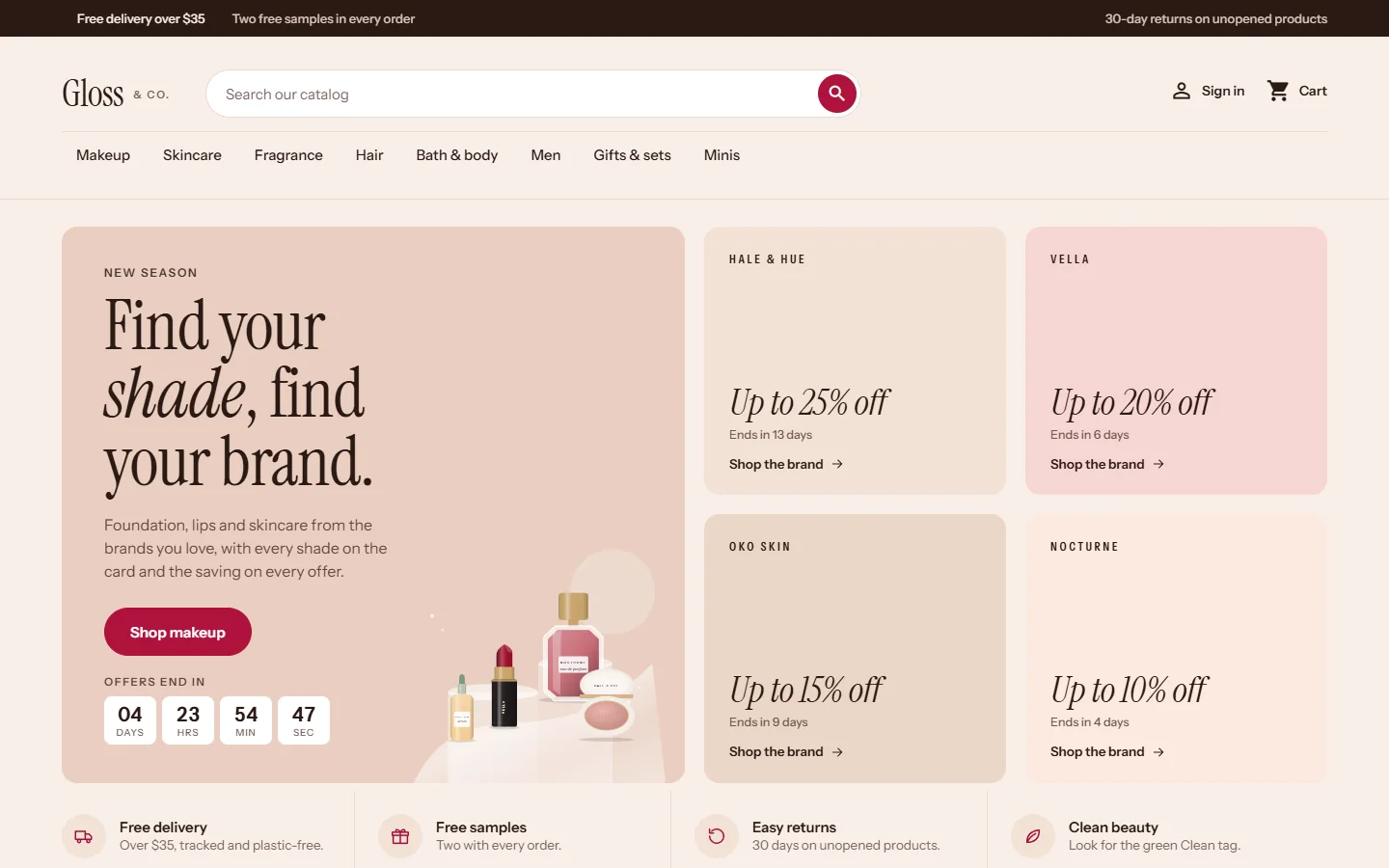 Home page: campaign tile with a countdown and brand offer tiles with real end dates