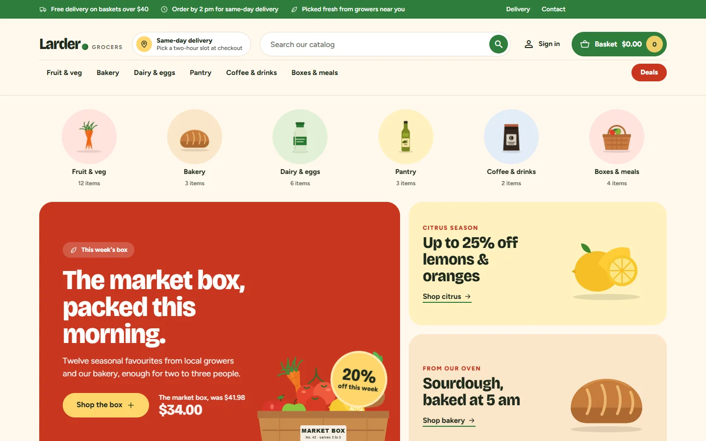 Home page: aisle bubbles, a campaign hero with a countdown and two promo boxes