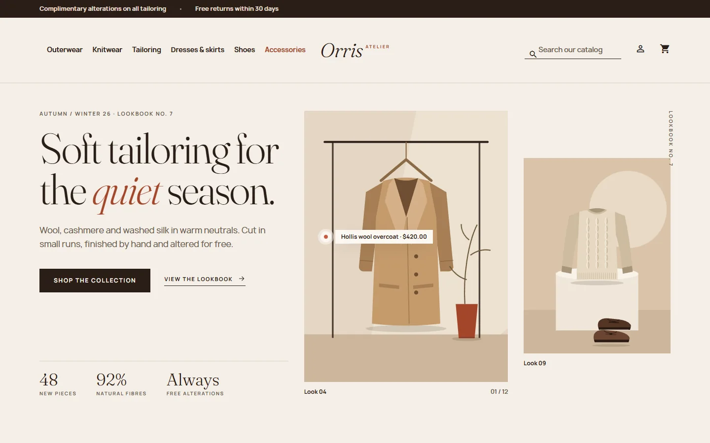 Home page: split lookbook hero with a shop-the-look pin