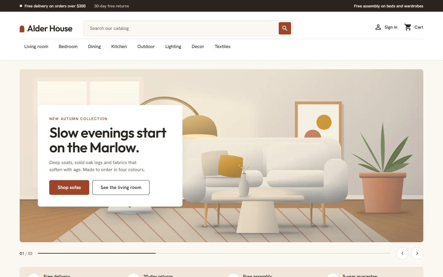 Home page: room hero with a floating card, shop by room tiles and promo tiles