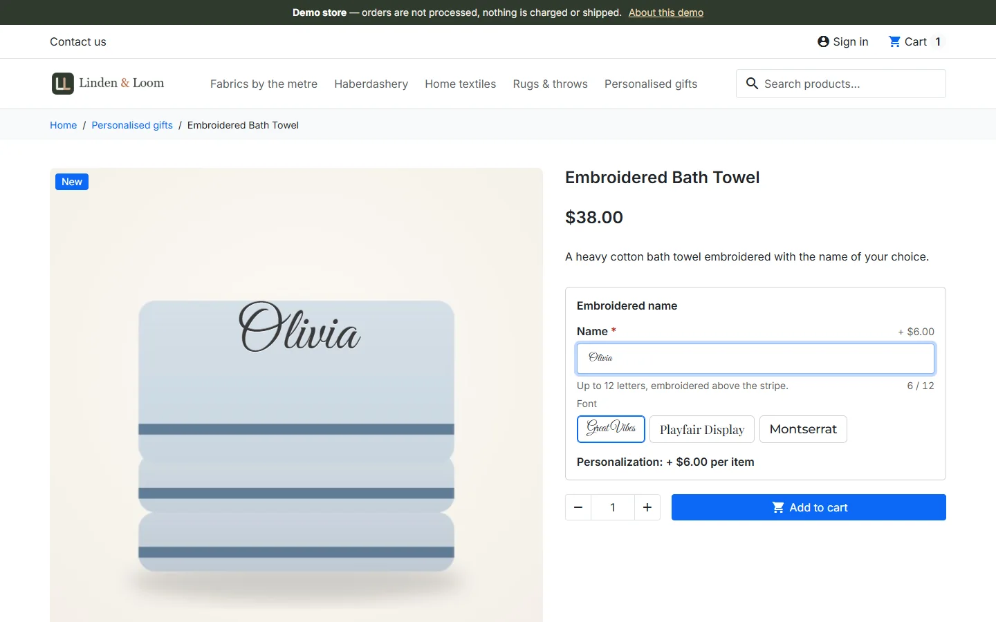 Embroidered name with a live preview on the product image