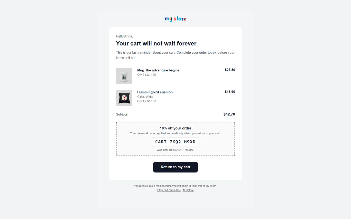 Reminder e-mail with the cart, a personal voucher and a return link