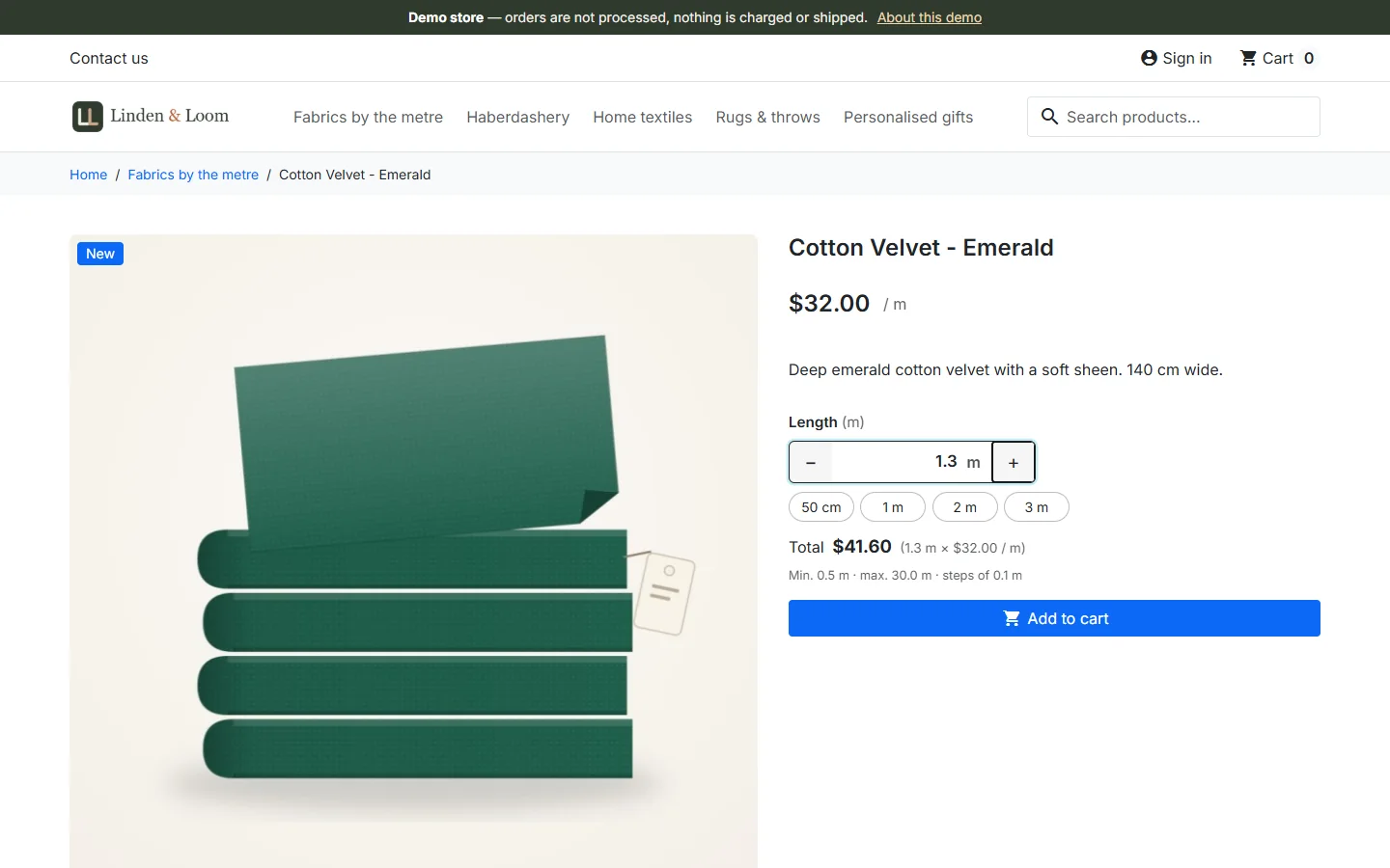 Velvet by the metre: amount field, quick amounts and the live total
