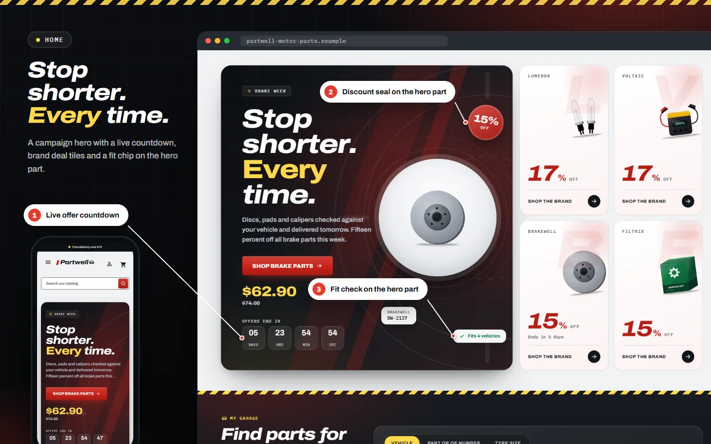 Home page: campaign hero with a countdown and the garage finder