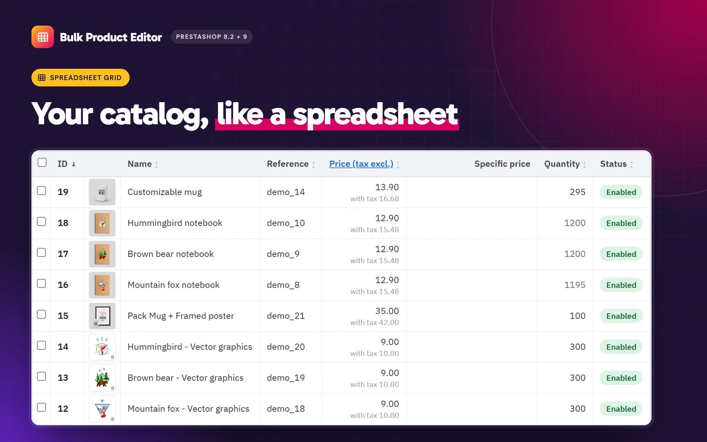 Your catalog in one spreadsheet grid